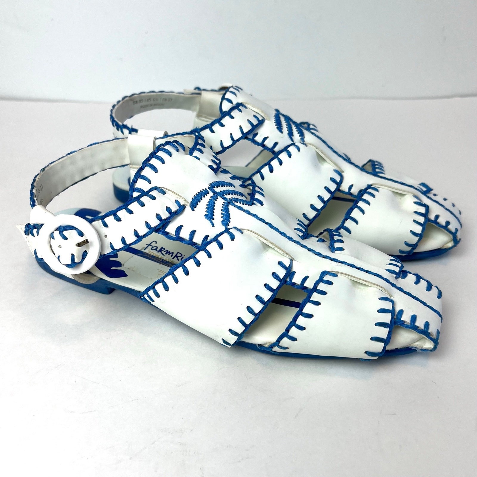 Farm Rio Blue White Vegan Leather Palm Tree Sandals Size 6.5